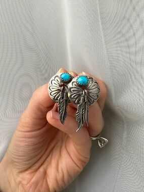 Turquoise Navajo Concho Feather Drop Sterling Silver Earrings - Women Jewelry